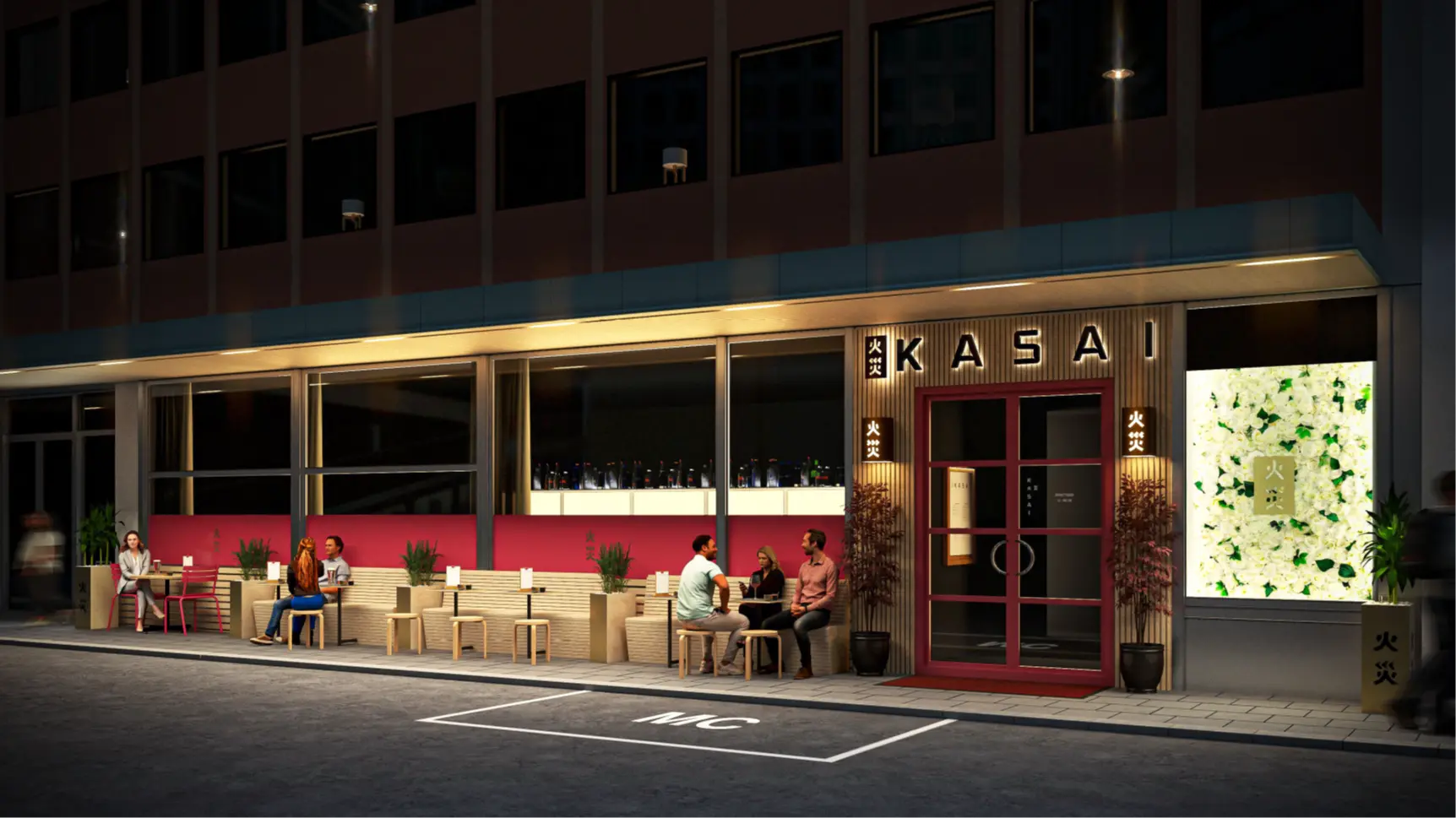 3D-visualisering i kvällsljus av fasadskyltning och uteservering för Kasai på Linnégatan