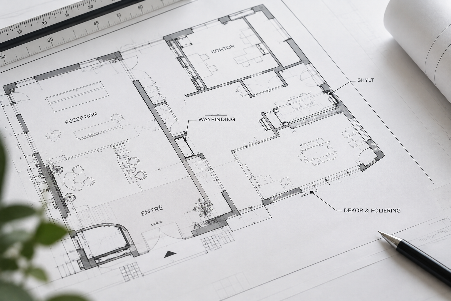 Planritning med markerad skylt, wayfinding och dekor & foliering under behovsanalysen
