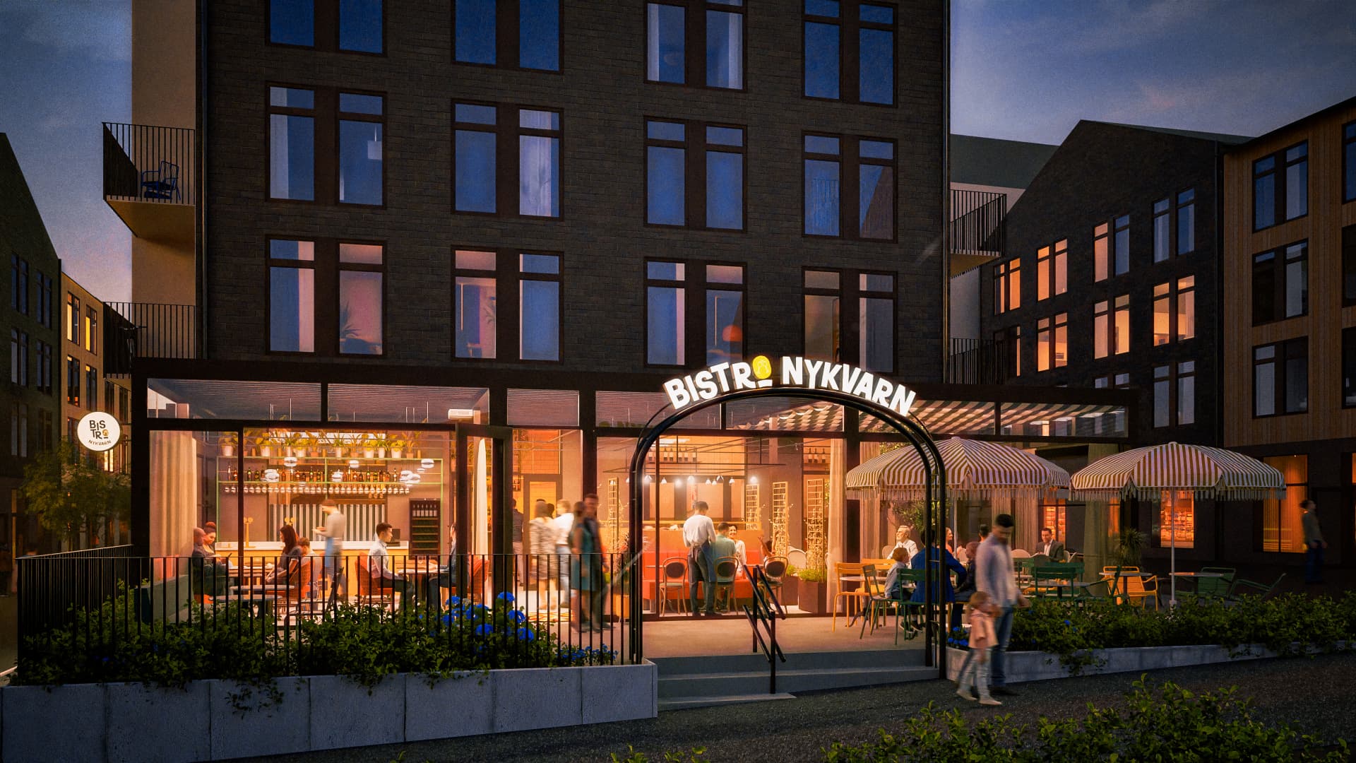 3D-visualisering i kvällsljus av entré, skyltbåge och uteservering för Bistro Nykvarn